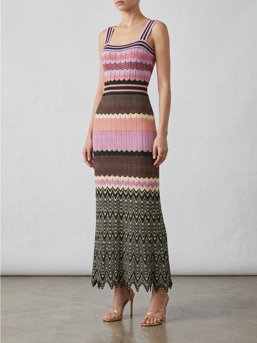 Miss Rosier Daphne Contrast-Color Knitted Midi Dress M Multicolor Chevron